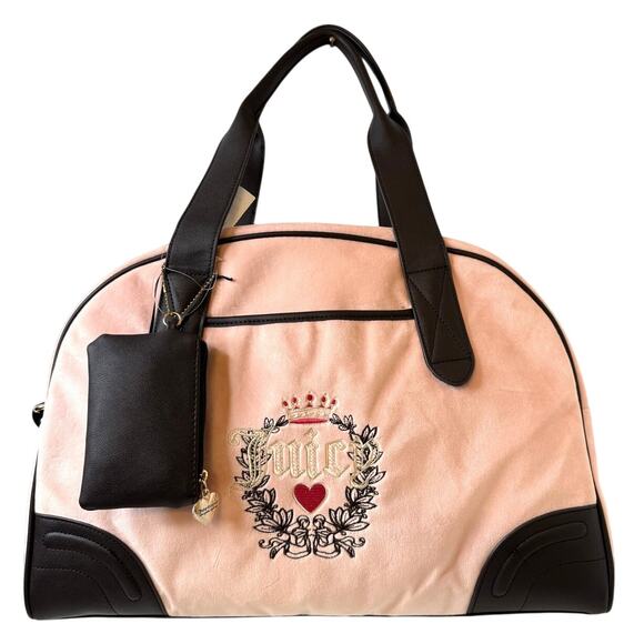 Juicy Couture Velour Weekender Duffle Bag Pink/Black Crest Heart Pouch Heritage - Picture 1 of 10